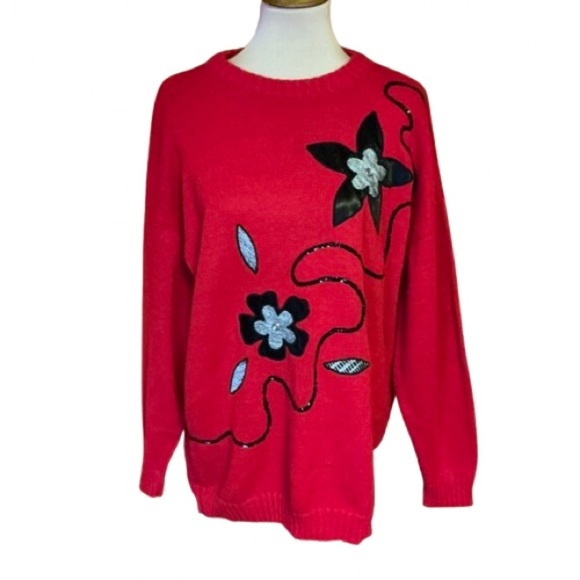 Vtg 90s sequined flower appliqué sweater - Picture 1 of 11
